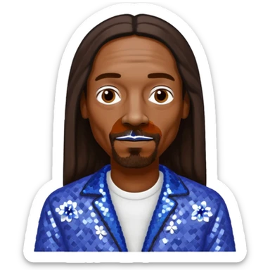 Snoop Dogg with long dark brown hair, periwinkle sequin outfit sticker