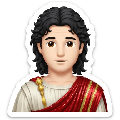 Adonis, God of Beauty from Roman Deities with long black wavy hair, red sequin toga sticker