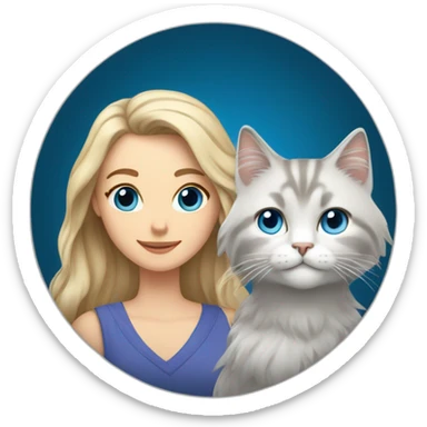 white guy with beard and woman with long blond hair and blue eyes carrying a grey and white Siberian cat sticker