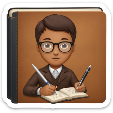 man hold a pen in hand write in book , wearing glasses sticker
