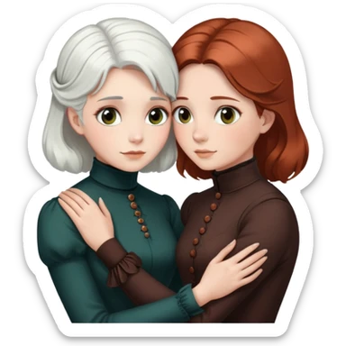 Two Victorian women with light eyes, one with white hair and one with dark copper hair, wearing Victorian turtleneck dresses, hugging each other closely sticker