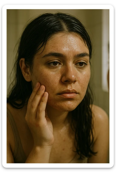 A highly realistic, cinematic close-up portrait of a young woman in her late 20s with medium skin tone, showing visible oily skin and enlarged pores on her cheeks, nose, and forehead. Her skin has a noticeable shiny appearance due to excessive sebum production, and small acne spots are visible along her jawline and chin, indicating hormonal imbalance. Her dark hair appears greasy, clumping in some areas near her scalp, emphasizing unwashed, oily hair due to overactive sebaceous glands caused by PCOS. The woman looks at herself in the mirror with a tired yet hopeful expression, gently touching her cheek with her fingertips as she observes her skin condition. The setting is a softly lit bathroom with natural daylight, and the reflection shows the detail of her skin texture and greasy hair strands. Style: 35mm hyperrealistic film, warm neutral tones with soft depth of field, focusing on the oily skin texture, visible pores, and greasy hair to clearly illustrate the visual symptoms of PCOS. in italiano sticker