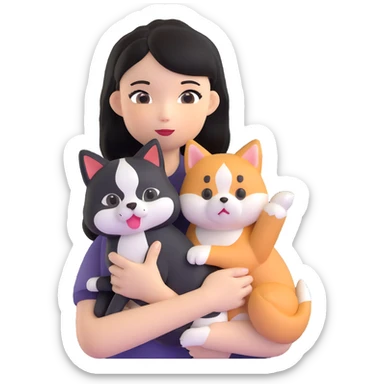 girl with black shoulder-length hair wearing a black tight-fitting top with a calico cat with white mouth and a shiba inu dog sticker