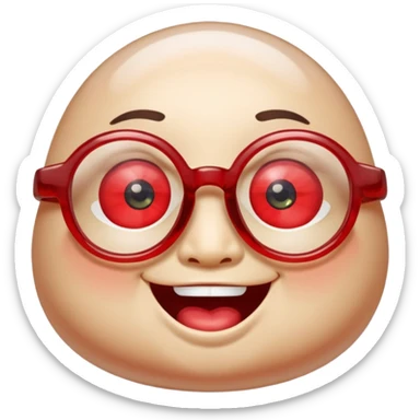 A single chubby crystal gemstone character wearing cute glasses, chunky and irregular with faceted sides, [red], big glossy eyes behind the glasses and a wide happy smile, , high detail, soft lighting, centered on a plain dark background sticker