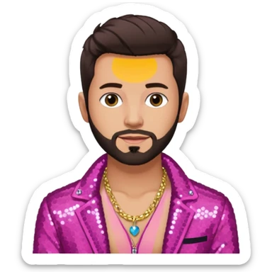 Frankie Zulferino, Pop Singer (b.1990) with dark brown hair and short beard, dark pink sequin jacket, light tan skin, shirtless with necklace sticker