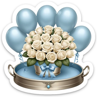 Set against a warm beige and pearl-colored lace backdrop, a bouquet of creamy white roses intertwined with pale blue blooms is wrapped in a soft champagne-colored velvet ribbon, forming a perfect bow. The bouquet rests on an antique silver tray, its delicate engravings catching the soft glow of candlelight. Hovering above, a trio of metallic pearl balloons in soft ivory and rose gold tones sway gently, their surfaces gleaming with a muted, vintage-inspired sheen. sticker