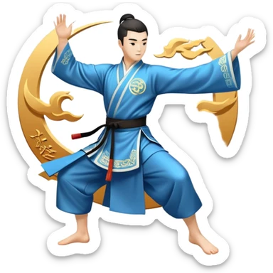 Emblem symbolizing Wushu martial arts. A graceful martial artist performs a dynamic kung fu pose, with flowing movements and a long, elegant robe. The background features stylized clouds and traditional Chinese symbols, representing fluidity, balance, and precision. Transparent background. sticker