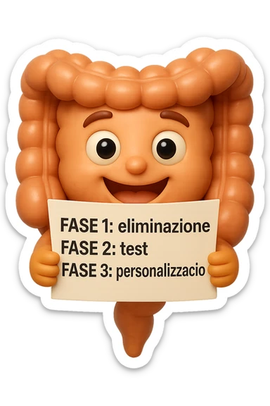 emoji stile iphone 3d di un intestino che tiene in mano un foglio con la scritta "FASE 1: eliminazione, FASE 2: test, FASE 3: personalizzazione, IPERREALISTICO 4K sticker