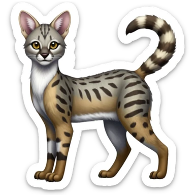 Realistic patterned marked edgy greyish blackish whitish silvery Shiny Colorful Glossy Genet-Caracal-Lion-Bobcat-fusion-animal-hybrid-creature, full body, tufted ears, long thin tufted tail sticker