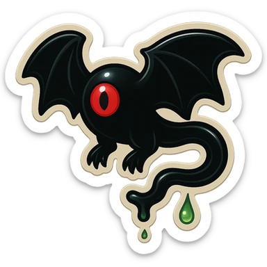 an all black reptilian bat-like creature. One cyclopian red eye in its face. no visible mouth or ears. 2 hind legs with claws. has a long tale with a stinger that drips green poison. no ears. no horns sticker
