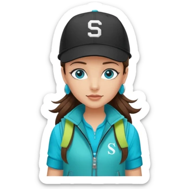 A landscaper in a beautiful turquoise jacket, turquoise rubber boots, and black pants. Over the turquoise jacket, she wears a black sleeveless vest. On her head, she wears a black Swissotel baseball cap. The girl is a brunette with blue eyes. sticker