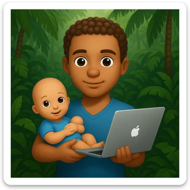 Edit the image to change the baby doll to have no hair, make the guy's hair less curly, and add more jungle background. Keep the style similar to the original image. sticker