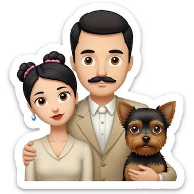 Tall pale guy with dark hair mustache goatee, and short woman with black hair bun, and a yorkshire terrier dog sticker