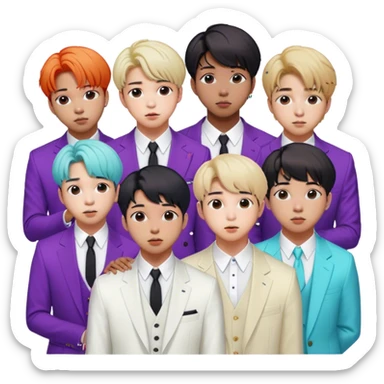 Cinematic Realistic group portrait of BTS featuring all 7 members in stylish modern attire, with detailed facial expressions and vibrant colors, captured in dynamic, contemporary lighting that emphasizes their global pop icon status sticker