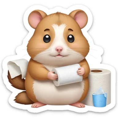 Cute chubby cartoon-style hamster sitting on toilet holding toilet paper looking as if he had an accident, sticker-style illustration sticker
