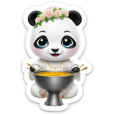 Baby panda bride marrying bowl of soup at altar sticker