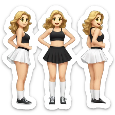 alistic-full-body-caucasian-curvy-beauty-jumping-short-black-skirt-back-and-front-views-strong-wind-white knickers-long-white-socks sticker
