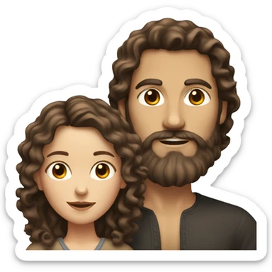 White woman with long dark brown curly hair with white man with brown wavy hair and beard sticker