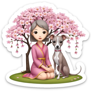 A young Chinese girl and a grey Italian Greyhound sitting under a cherry blossom tree sticker