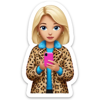 a blondie queen Arina in a leopard fur and pink iPhone on her kia Sportage white car. blue eyes sticker