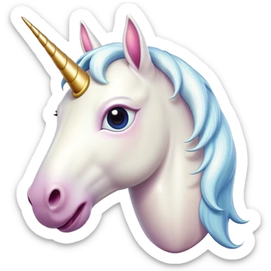Cinematic Comical White Unicorn Portrait Emoji, Head tilted dramatically with an exaggeratedly amused expression, featuring a slender, radiant form with a playfully sparkling horn and wide, comically expressive eyes full of enchanting disbelief, Simplified yet hilariously expressive features, highly detailed, glowing with a slightly sassy magical glow, high shine, dramatic yet playful, stylized with an air of cheeky mythic mischief, soft glowing outline, capturing the essence of a meme-worthy white unicorn that looks ready to prance its way into viral fame! sticker