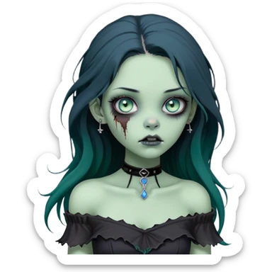 a soft, doll-like zombie girl with light sage green skin and big blue-green eyes, long black hair that swoops gently at the ends, a tiny silver nose stud and a delicate eyebrow piercing on the left side. she’s wearing an off-the-shoulder black top that shows her collarbones, sticker