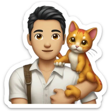 Young Asian man in Cuban-collared shirt holding a Dragon Li cat in his arms sticker