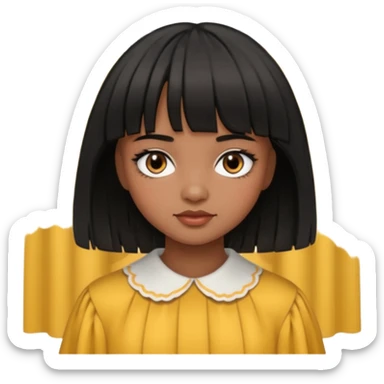 Girl that has a short black hime cut with curtain bangs, then dark brown eyes, and has a bit brown skin sticker