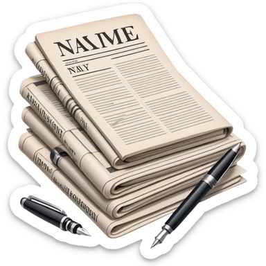 Create an emoji representing journalism and publicistic writing. The design should feature a stack of newspapers, an open notebook with visible text, and a single fountain pen placed near the notebook, symbolizing the act of writing. Use neutral, professional colors like black, white, and muted tones to convey a sense of seriousness and intellect. Do not include any emojis or smiley faces. Make the background transparent. sticker