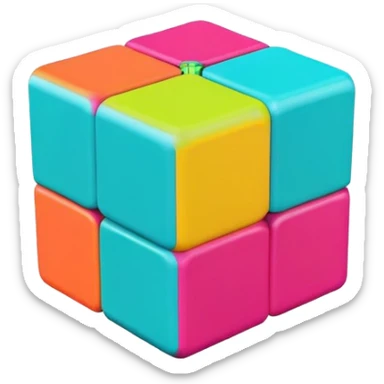 A 3x3 Rubik's Cube with vibrant tropical colors: bright turquoise, hot magenta, lime green, sunshine yellow, coral orange, vibrant aqua, minimalist iOS emoji style sticker