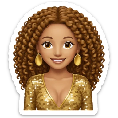 Mel B from Spice Girls with long brown curly hair, gold sequin outfit sticker