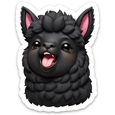 Cinematic Cute Yawning Black Alpaca Portrait Emoji, Head tilted slightly with a dramatic, wide-open yawn, showcasing a soft, plush jet-black fleece with gently drooping ears, round dark eyes barely open in drowsy contentment, Simplified yet irresistibly adorable features, highly detailed, glowing with a soft, cozy glow, high shine, relaxed yet expressive, stylized with a touch of whimsy, bright and endearing, soft glowing outline, capturing the essence of a sleepy yet affectionate alpaca, so drowsy it feels like it could stretch out of the screen and curl up for a nap! sticker