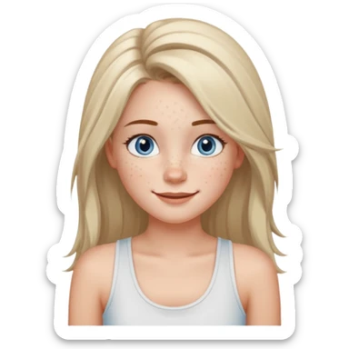 Una chica de tez blanca con pecas, nariz respingada, labios gruesos, ojos grandes color azul grisáceo, pelo largo, lacio, color avellana. Con una blusa de tirantes blanca. Que este sonriendo y q solo se vea de la cintura hacía arriba sticker