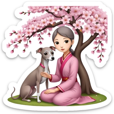 A young Chinese girl and a grey Italian Greyhound sitting under a cherry blossom tree sticker