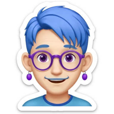blue haired man mid length hair with big ears and purple earrings and spectaclesi happy sticker