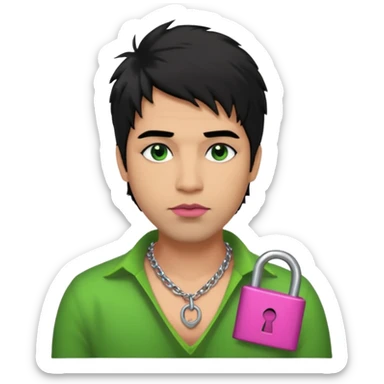 40 year old man with black shaggy hair, smudged black eyeshadow, pink plump lips with a green neck and wearing a silver necklace with a lock on it sticker