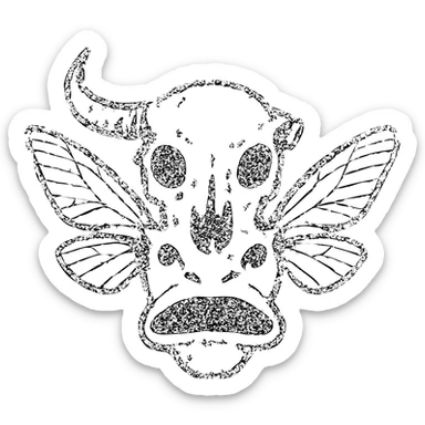 a horrifying minimal red line drawing of just a head merging minotaur skull with broken horn, stoat snout, frog mouth, and moth wings extending from the head, hollow transparent center, heavily distressed with incomplete outlines, worn texture, eroded sections, and scratched appearance, only thin red lines sticker