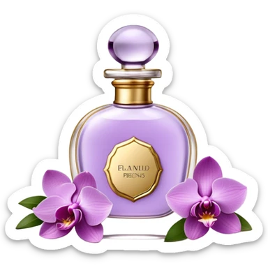 Create a delicate vintage French-style perfume bottle in an orchid hue, adorned with intricate gold detailing and an elegant glass stopper. Surround it with lush lilac flowers, along with soft lavender sprigs and petals scattered around for a dreamy, romantic atmosphere. The background should have a subtle antique texture, evoking the charm of a Parisian boudoir. The lighting should be soft and diffused, enhancing the luxurious and nostalgic feel sticker
