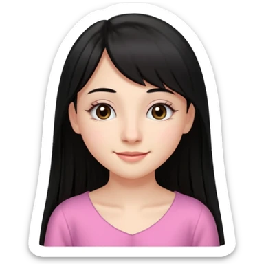 Cabelos pretos longos lisos ,olhos castanhos escuros puxadinho para cima com cílios grandes Pele clara ,nariz pequeno ,lábios mais carnudos ,adolescente 16 anos , com vestido de alinhamento rosa. Cabelo repartido ao meio com franja na altura do nariz  sticker