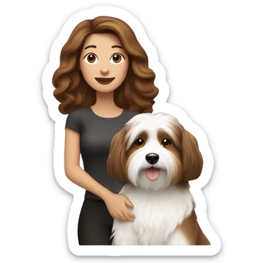 caramel skinned middle aged woman with brown hair, with black+white havanese dog sticker
