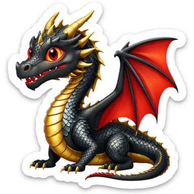 The image depicts a dragon resembling the dragon symbol from ancient Japanese mythology, combining the colors gold and black. It is bright and shiny, with clear colors, and the background of the image is transparent. The dragon embodies these colors, has red eyes, and is complete. sticker