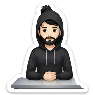 hackeur blanc cheveux noir barbe et capuche noir à côté d'un server sticker