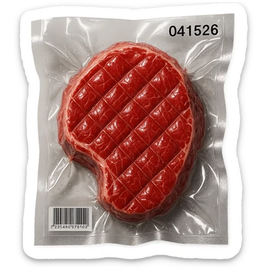 diamond-textured meat steak, shiny and inflated, vacuum-sealed style sticker