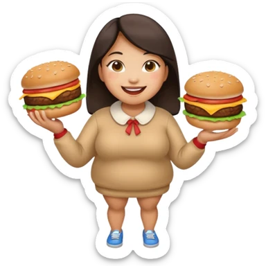 n create a humongous asian girl with 2 burgers and a cookie in her mouth, she is super fat, please make her a full body emoji sticker