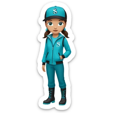 A landscaper in a beautiful turquoise jacket with long sleeves and turquoise boots, black pants, and a black sleeveless shirt. On his head is a black Swissotel baseball cap. The girl is a brunette with blue eyes. sticker