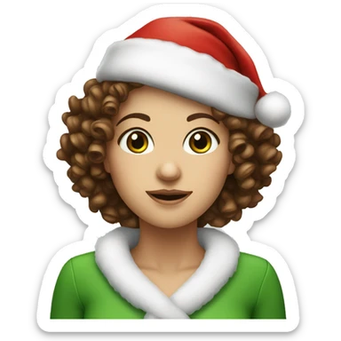 White skin lady with green eyes and brown curly heat wearing Santa hat sticker