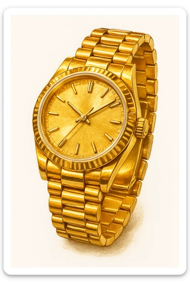 Сгенерируй мне часы ЗОЛОТЫЕ, дорогие, в чуть рисованном стиле. На чисто белом фоне. БЕЗ НАДПИСЕЙ. Но при этом объмная и яркая. Золото не должно быть пластмассовое, оно должно быть блестящие, хорошее sticker