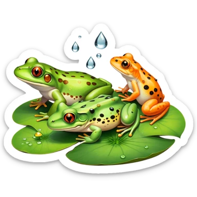 Icon for Amphibians: A colorful collage with various amphibians like a bright green frog sitting on a lily pad, a small salamander with orange spots, and a toad with bumpy skin. Water droplets around them and a pond in the background. Transparent background. sticker
