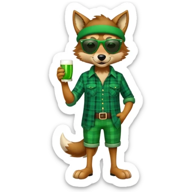 full-body friendly anthropomorphised wolf in green plaid shirt and green attire for St. Patrick's Day, wearing dark sunglasses, festive pose sticker