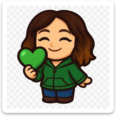 Sticker style chibi emote, matching the attached green heart emote as a base. Woman from reference, green hoodie and blue jeans, holding a green love heart, cute happy face, no headband, no wand, transparent background. Top color should not match jeans. sticker